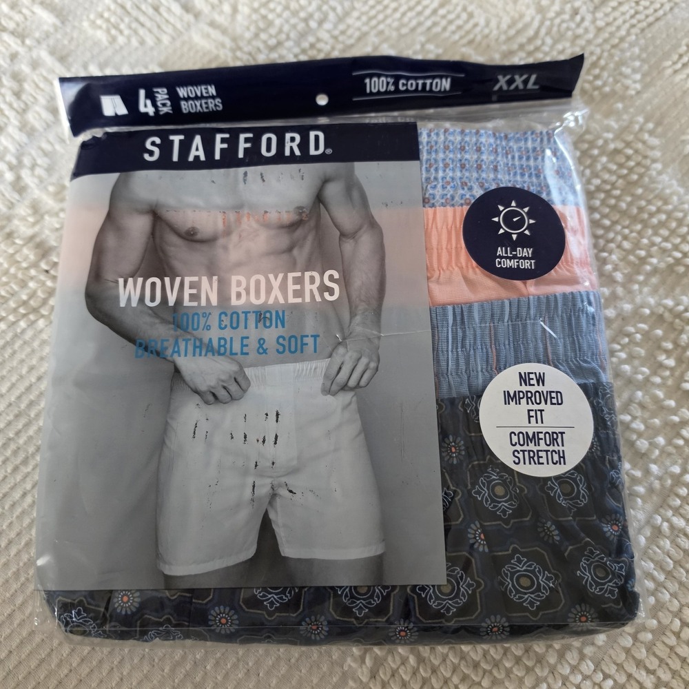Stafford 4-Pack Men's 100% Cotton Woven Boxers Red Blue Assorted XXL